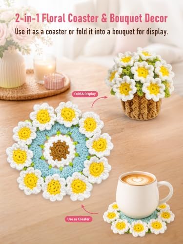 Crochet Flower Bouquet Coasters, Cotton Daisy Gift for Home Decor 4Pcs - Image 6