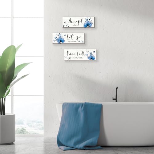 3 Pcs Blue Bathroom Decor Rustic Flower Wall Art Accept Let Go Have Faith Farmhouse Bedroom Wall Decor Wooden Inspirational Quotes Decorations for Living Room Bathroom Bedroom(Blue, 12 x 4 Inches) - Image 3