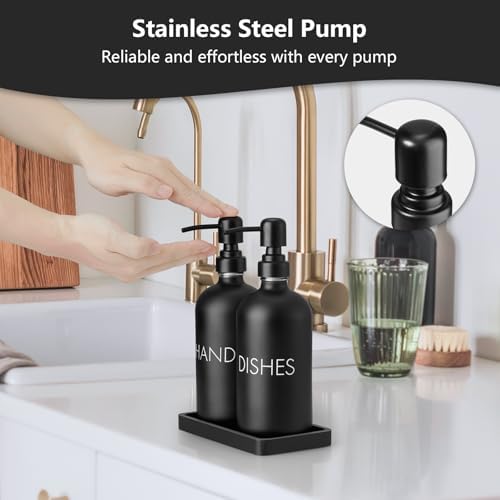 Black Dish and Hand Soap Dispenser Set - Glass Kitchen Soap Dispenser with Tray and Stainless Steel Pump - for Black Kitchen Decor and Accessories - Image 5