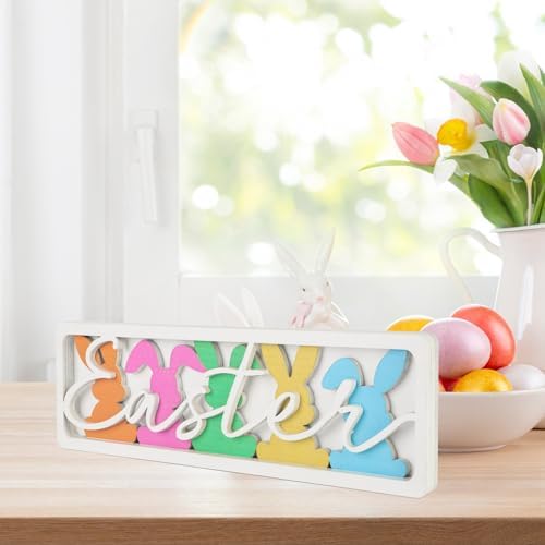 Vintage Happy Easter Decorations for Office, Home, Table, Mantel, Shelf, Desk, 3 1/2 x 11 Inch Retro Bunny Sign, Wooden Spring Bunnies Decor Sign, Farmhouse Pink Decoration (Colorful Bunnies) - Image 5