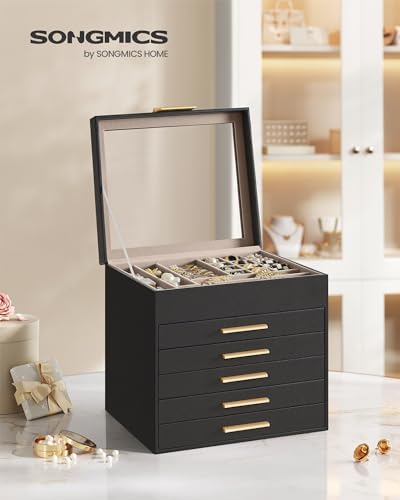 SONGMICS Jewelry Box Organizer, 6-Layer Storage with 5 Drawers, Glass Lid - Image 2