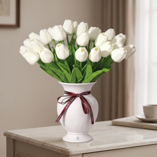 White Artificial Tulips, 20 Pcs PU Real Touch Faux Flowers - Image 2