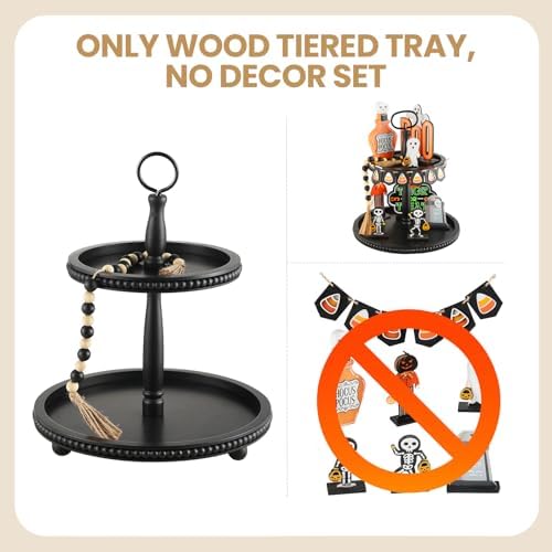 Beaded Tiered Tray Stand, Rustic Wooden 2 Tier Decorative Tray with Bead Garland, Farmhouse Round Wood Serving Tray Counter Centerpiece for Coffee Bar Home Decor Holiday Housewarming Gifts - Image 5