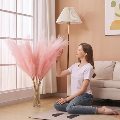 7 Pcs 45" Faux Pampas Grass – Fluffy Artificial Pompous Grass for Tall Floor Vase, Non-Shedding Home Decor, Boho Wedding Flowers, Baby Shower Centerpieces, Bedroom & Living Room Decor (Pink) - Image 6