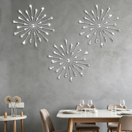 DXYAKY Set of 3 Silver Starburst Metal Wall Art Decor, 11.8 Inch Sparkling Diamond Star Jeweled Teardrop, Elegant Rhinestone Crystal Home Decor Accents, Living Room Bedroom Decorative Wall Sculpture - Image 3