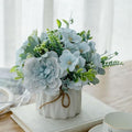 TKAS Fake Flowers Arrangement in Ceramic Vase, Artificial Faux Silk Roses & Hydrangea, Small Realistic Dried-Style Floral Dining Table Centerpiece for Wedding Party Home Decoration (Blue) by TKAS