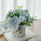 TKAS Fake Flowers Arrangement in Ceramic Vase, Artificial Faux Silk Roses & Hydrangea, Small Realistic Dried-Style Floral Dining Table Centerpiece for Wedding Party Home Decoration (Blue) by TKAS