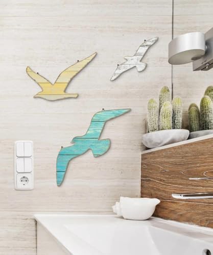 Putuo Decor 3pcs Seagull Wall Decor, Wooden Sea Bird Beach Wall Art, Ocean Home Decor Indoor Coastal Theme Wall Hanging for Bathroom Home Living Room Lake House - Image 4