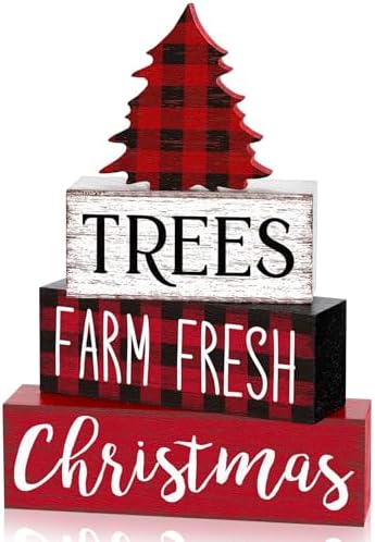 Marsui 4 Pcs Christmas Table Decor Wooden Christmas Trees Signs Block by Marsui