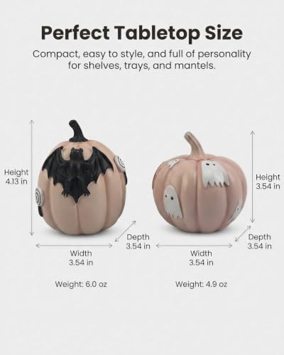 GoGnome Halloween Decorations Pumpkin Figurines Set of 2, Cute Resin Shelf Mantel Tiered Tray Decor with Bat and Ghost Designs (Pink Pumpkins) - Image 3