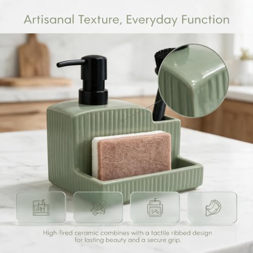 RQYIXI 3-in-1 Ceramic Square Soap Dispenser with Sponge Holder,Green,18 Oz - Image 3