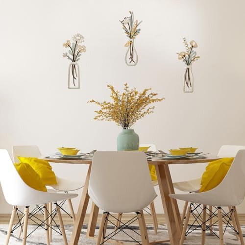 Pigort 3 Pieces Metal Flowers Wall Art- Rustic Farmhouse Decor Minimalist Decor for Living Room Bathroom Bedroom Dining Room, Housewarming Gifts Christmas Decoration(Beige, Vase-C) - Image 3