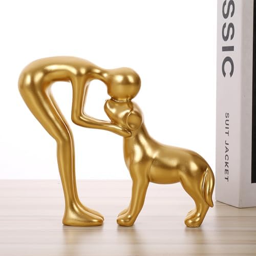 Man and Dog Statue Pet Decor for Home Office Memory Gift Golden - Image 6