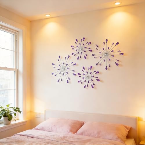 ZEXUIRU 4 Set Silver Starburst Wall Art for Home Decor Metal Bling Crystal Rhinestones Sunburst Wall Decor Sparkling Rhinestone Art Accent -Purple 13in/11.8in/9.8in/9.8in - Image 5