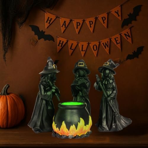 Halloween Witch Figurine Set with Glowing Cauldron – 4PCS Resin Halloween Decorations for Tabletop Mantel Tiered Tray Indoor Haunted House Spooky Witch Statues, Mini Figurines Gothic Home Decor - Image 4