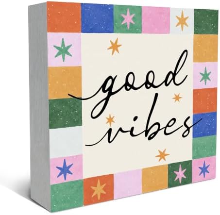 SRADMO Retro Boho Inspirational Positive Wood Box Sign Desk Decor by SRADMO
