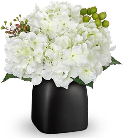 Briful Artificial White Hydrangea Arrangement, Matte Black Vase Centerpiece by Briful