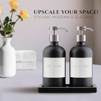 Glass Soap Dispenser Set of 2 (Black) with Silicone Tray | Hand and Dish Soap Dispenser for Kitchen and Bathroom | 16.8 Oz Glass Bottles with Stainless Steel Pump & 15 Waterproof Labels (Black/Silver) - Image 2