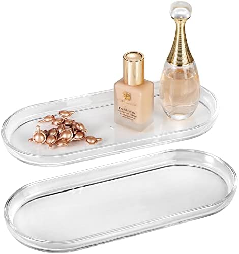 SheeChung Acrylic Vanity Tray, 2 Pack, Clear, 9.65 in x 4.5 in x 0.79 in, Catchall Tray, Countertop Sink Tray Dispenser, Sturdy Holder for Cabinet, Shelf, Cupboard, or Closet Organization by SheeChung