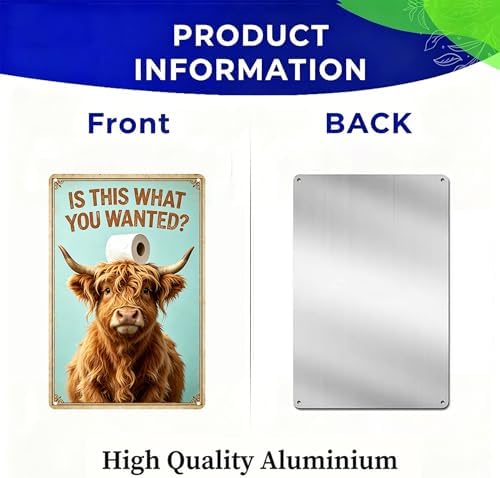 Vintage Funny Highland Cow with Toilet Roll Graphic,Durable Rustproof Aluminum Sign, Country Style Wall Ornament for Lavatory Cabin, Whimsical Bathroom Decor Gift Plaque 8x12 Inch - Image 6