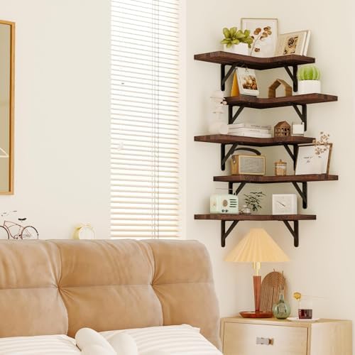Fixwal Conner Shelves Wall Mounted for Decor, Walnut Brown Set of 5 - Image 6