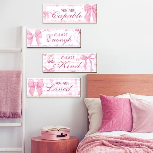 4 Pcs Pink Bow Wall Decor, Pink Room Decor for Teen Girls, Inspirational Positive Affirmations Wooden Wall Art Decor, Coquete Wall Hanging Signs for Bathroom Apartment - Image 3