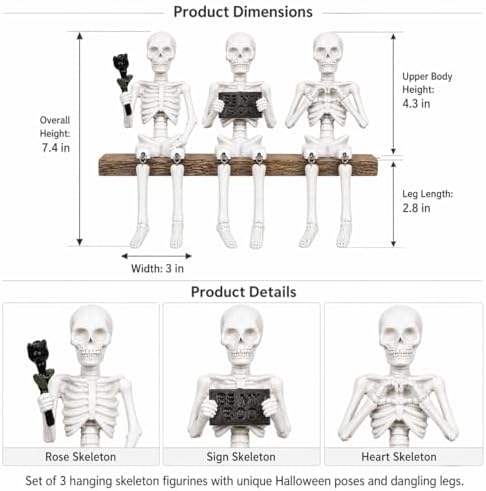 Halloween Skeleton Decorations Indoor 3Pcs Funny Skull Figurines for Mantel Shelf Table Bookshelf Cute Spooky Halloween Decor for Home Office Skeleton Shelf Sitters Halloween Tabletop Decorations - Image 4