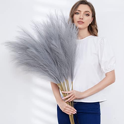 Faux Pampas Grass, Set of 9 Stems 37'' Tall Fluffy Fake Pompas Floral, Large Artificial Pompous Branches for Floor Vase Fillers, Pompas Decorativas, Boho Farmhouse Wedding Home Decor(Grey) by QUBITFUL