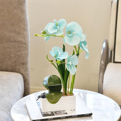 Artificial Real Touch Orchid Flowers with White Ceramic Vase, Golden Blue - Image 3