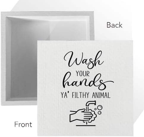 Funny Rustic Bathroom Decor Wooden Box Sign 5x5 Inch - "WASH YOUR HANDS YA' FILTHY ANIMAL" Humorous Restroom Shelf Table Decoration for Home - Image 3