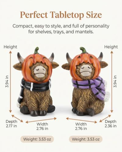 GoGnome Halloween Highland Cow Figurines Set of 2, Cute Pumpkin Head Cow Resin Statues with Scarves & Horn Details Farmhouse Fall Tabletop Decorations (Brown Highland Cow) - Image 3
