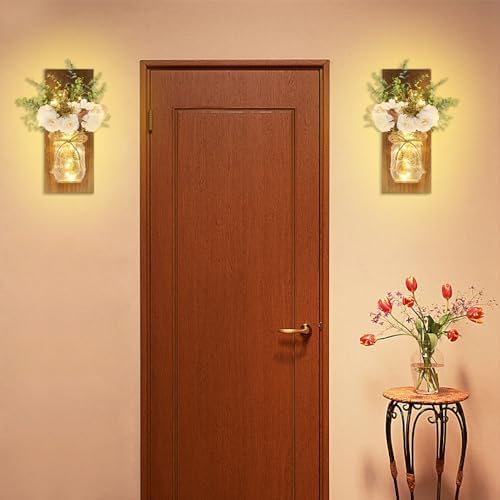 Rustic Wall Sconces Mason Jar Sconces Handmade Wall Art Hanging Design with Remote Control LED Fairy Lights and White Peony, Wall Decor Gift Farmhouse Wall Home Decor Living Room Lights Set of Two - Image 5