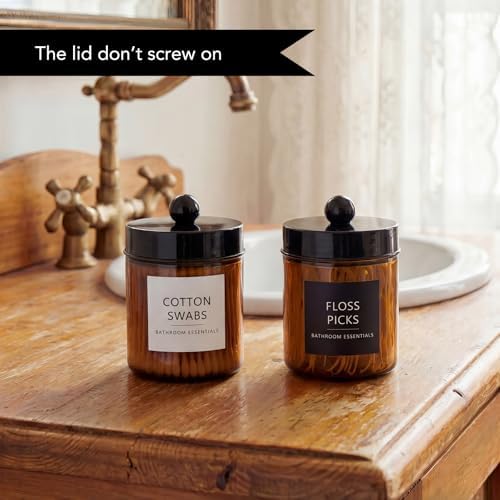 Amolliar Amber Glass Apothecary Jars Qtip Holder w/Plastic Lids,Black 2pc - Image 3