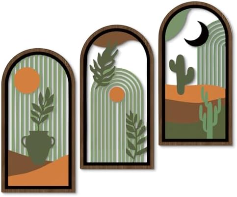 Putuo Decor Boho Wall Decor with Cactus, Modern Wooden Minimalist Wall Decor, Abstract Green Room Decorations 16x8 In Mid Century Artwork for Living Room Bedroom Office in Desert Green Set of 3 by PUTUODECOR