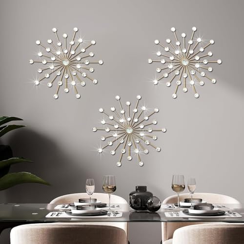 ZEXUIRU 3 Set Gold Starburst Wall Art for Home Decor Metal Bling Crystal Rhinestones Sunburst Wall Decor Sparkling Rhinestone Art Accent Gold - 13in by ZEXUIRU