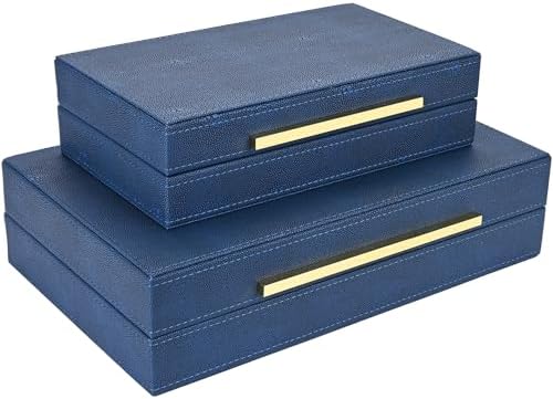 Navy Blue Shagreen box Set of 2 Faux Leather Decorative Boxes,Large Nesting Storage Decorative Boxes with Lids for Modern Home Decor Stacking Jewelry Box Organizer - Image 4