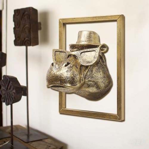 JJALIGHTS Exquisite Resin Animal Head Wall Sculpture (Gift Metal Frame) - Imitation Copper Vintage Decor for Living Room, Bedroom & Office | Decorative Wall Hanging Art(Hippo) - Image 4
