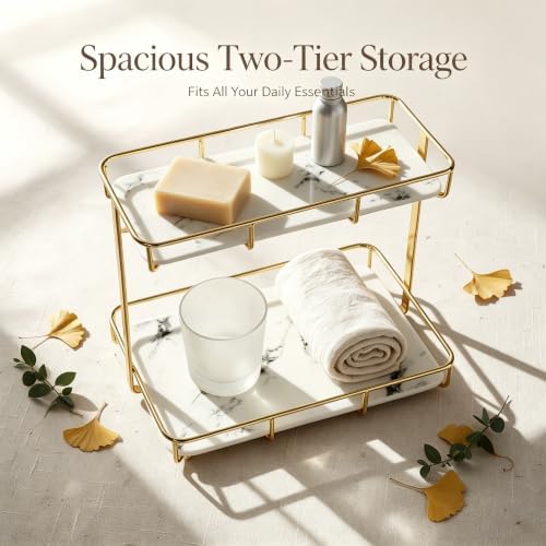 Bathroom Organizer Countertop Perfume Organizer Makeup Organizer Cosmetics Storage Display Rack Vanity Tray Dresser Stainless Steel Gold Shelf White Marble Ceramic Tray - Image 4