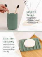 INGOFIN 4 Pcs Ceramic Bathroom Accessory Set - Liquid Soap Dispenser, Toothbrush Holder,Contain Cotton Swab Jar & Soap Dish,Countertop Accessories for Home, Guest Bathroom, Office, Matte Green - Image 4