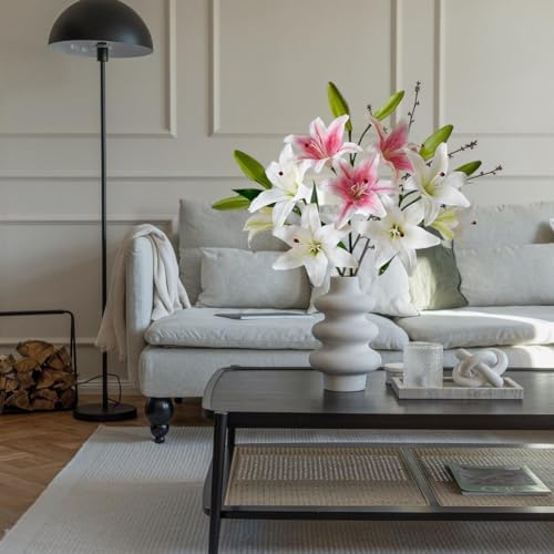JINWOE 2 Pcs Pink Stargazer Lily Artificial Flowers, Long Stem 28" 6 Heads Artificial Lily Silk Flowers, Full Bloom Easter Faux Tiger Lily for Christmas Home Hote Tall Vase Arrangement Decor - Image 6