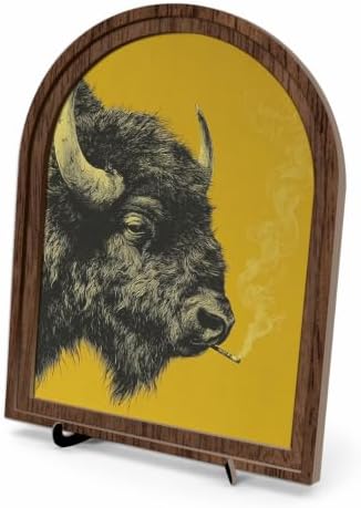 Rustic Home Wooden Frame Decor, Retro Whimsical Smoking Bison Framed Decor, Arched Wooden Frame with Stand, Vintage Buffalo Art Print, Funny Tabletop & Wall Accent for Living Room, Bedroom by Unknown