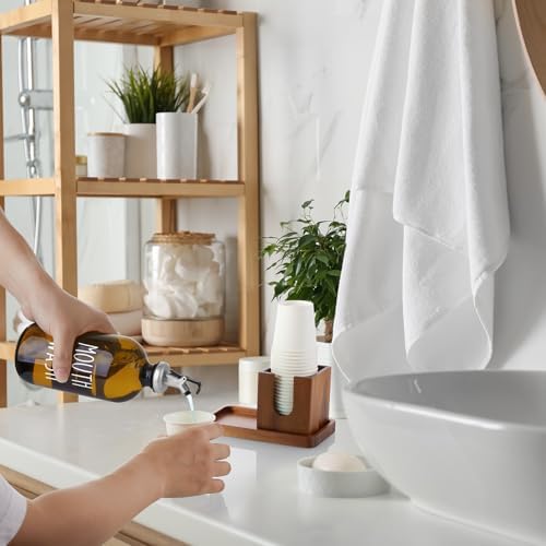 Amber Glass Mouthwash Dispenser for Bathroom, 16 OZ Mouthwash Dispenser with Pour Spout and Acacia Wood Cup Holder and Tray, Mouth Wash Bottle Container for Kitchen Bathroom Decor and Accessories - Image 6