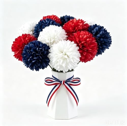 Mandy's 12pcs Artificial Red White Blue Ball Chrysanthemum Flowers by Mandys