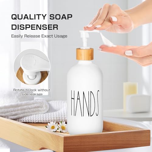 White Bathroom Accessories, 5 Pcs Glass Bathroom Accessory Set with Bamboo Tray, Soap Dispenser and Toothbrush Holder Set, Qtip and Cotton Ball Holder, Farmhouse Boho Bathroom Set Complete - Image 3
