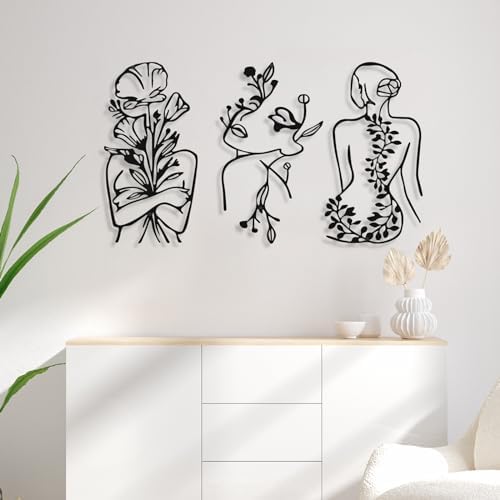 Photect 3 Pcs Metal Wall Art Minimalist Woman Line Decor, Plant, Black - Image 2