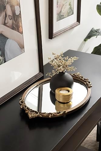 Kate and Laurel Arendahl Vintage Oval Mirrored Decorative Tray; 17 x 10; Antique Gold; Traditional Ottoman Tray for Living Room Home Decor with Ornate Detailing - Image 3