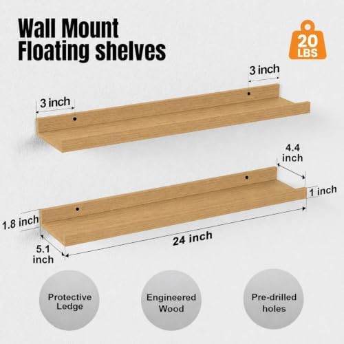 24inch Long Floating Shelves for Wall Decor, 5-Set Shelves with Lip, Oak - Image 3
