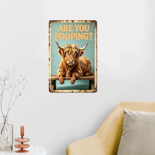Funny Highland Cow Floral Crown Art with ARE YOU POOPING? Quote,Solid Durable Aluminum Sign,Vintage Farmhouse Decor for Bathroom Restroom Wall, Multipurpose Novelty Home Gift Plaque 8 x 12 Inch - Image 2