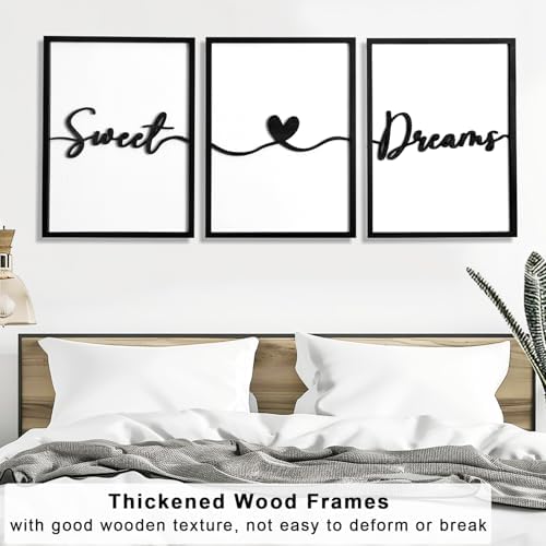 3D Wood Sweet Dreams Wall Decor Above Bed Decors, Bedroom Wall Art 36x16”, Black Wall Decor for Bedroom (12x16 inches, Set of 3, Framed) - Image 4