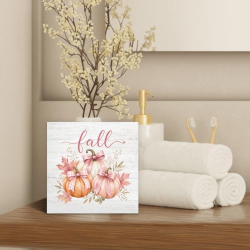 Fall Pink Bow White Orange Pumpkin Wood Box Sign Desk Decor 5X5 - Image 4
